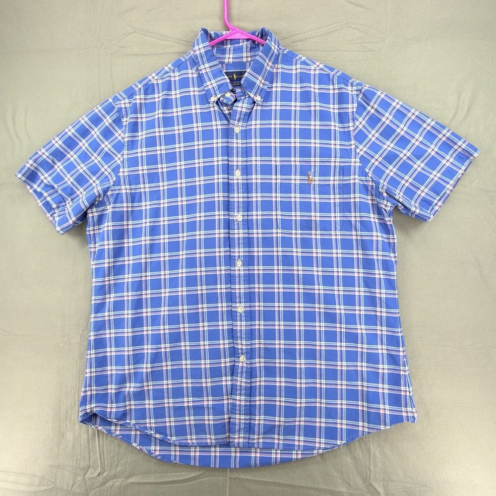 Polo Ralph Lauren Shirt Mens 2XL Blue Plaid‎ Custom Slim Fit Short Sleeve